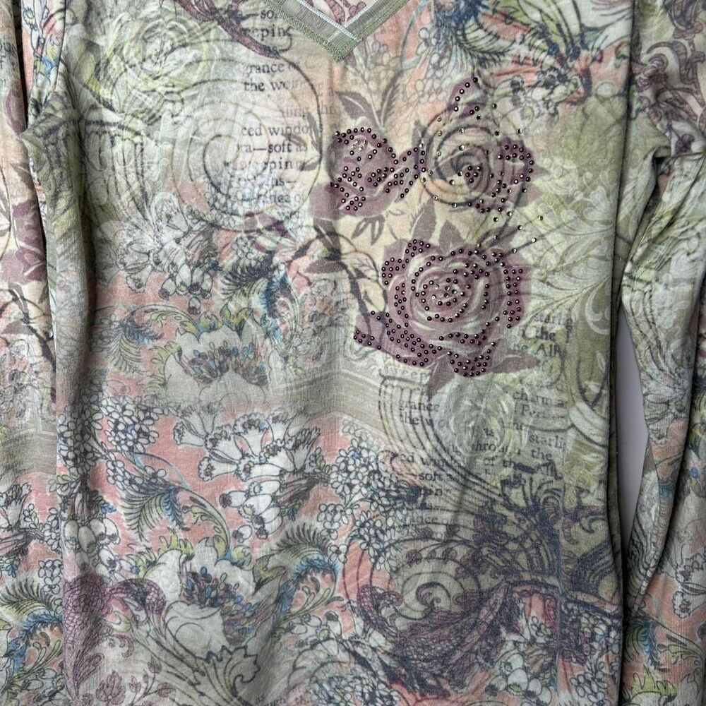vintage Y2K 2000s retro Floral V-neck long sleeve top with rhinestone roses - Picture 3 of 6